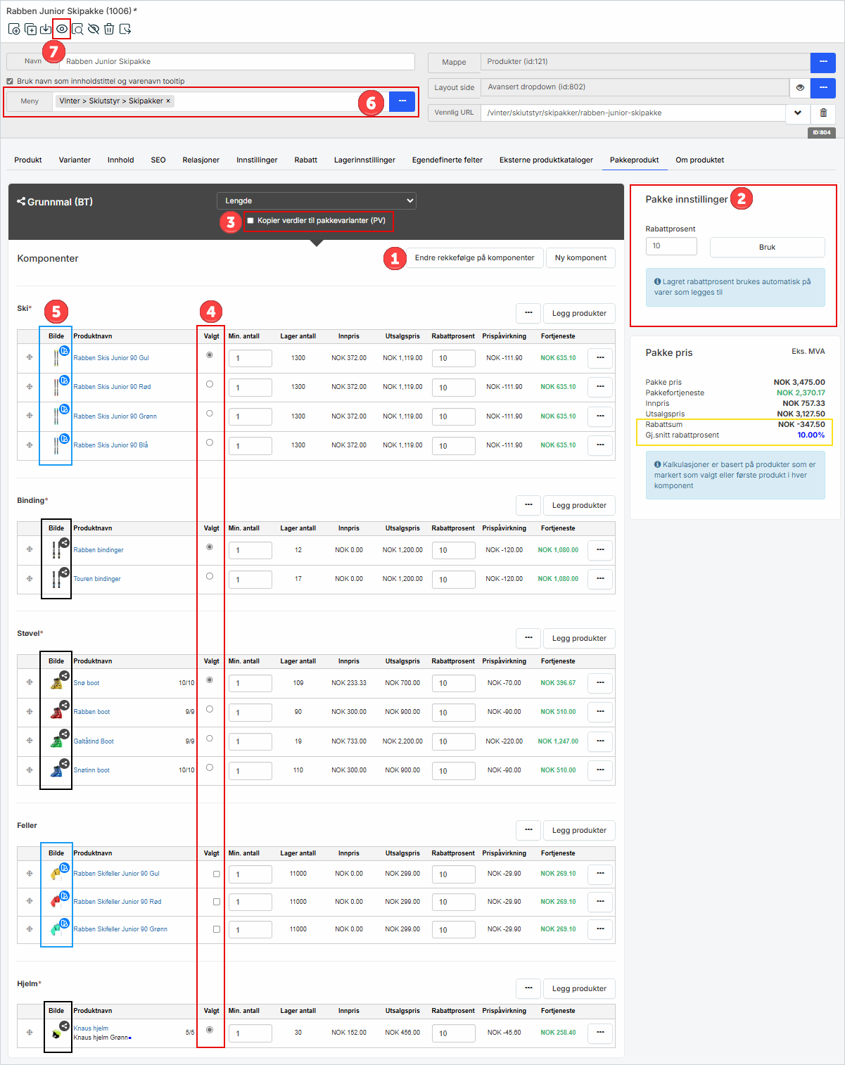 Pakkeprodukt innstillinger